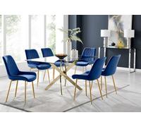 Leonardo Gold Dining Table With Six Pesaro Gold Leg Chairs - Navy