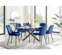 Furniturebox Uk Leonardo Black Leg Glass Dining Table & 6 Navy Pesaro Black Leg Chairs