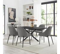 Furniturebox Uk Leonardo Black Top Dining Table & 6 Beaumont Grey Fabric Chairs