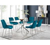 Leonardo Dining Table With Six Pesaro Silver Leg Chairs - Blue