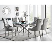 Furniturebox Uk Leonardo Glass And Chrome Metal Dining Table And 6 Elephant Grey Belgravia Velvet Knockerback Chairs