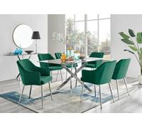 Furniturebox Uk Leonardo Glass And Chrome Metal Dining Table And 6 Green Calla Silver Leg Velvet Chairs