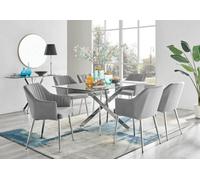 Furniturebox Uk Leonardo Glass And Chrome Metal Dining Table And 6 Grey Calla Silver Leg Velvet Chairs