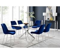 Furniturebox Uk Leonardo Glass And Chrome Metal Dining Table And 6 Navy Pesaro Velvet Silver Leg Chairs