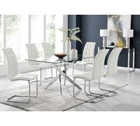 Furniturebox Uk Leonardo Glass And Chrome Metal Dining Table And 6 White Murano Faux Leather Chairs