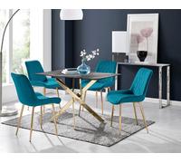 Furniturebox Uk Leonardo Grey Glass Marble Effect Gold Leg Table & 4 Blue Pesaro Gold Leg Chairs