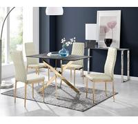 Furniturebox Uk Leonardo Grey Glass Marble Effect Gold Leg Table & 4 Cream Pesaro Gold Leg Chairs