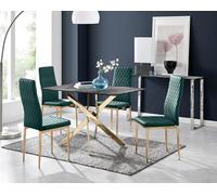 Furniturebox Uk Leonardo Grey Glass Marble Effect Gold Leg Table & 4 Green Velvet Milan Gold Leg Chairs