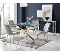 Furniturebox Uk Leonardo Grey Glass Marble Effect Gold Leg Table & 4 Grey Pesaro Gold Leg Chairs