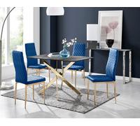 Furniturebox Uk Leonardo Grey Glass Marble Effect Gold Leg Table & 4 Navy Pesaro Gold Leg Chairs