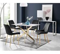 Furniturebox Uk Leonardo White Glass Marble Effect Gold Leg Table & 4 Black Pesaro Gold Leg Chairs