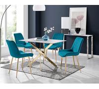 Furniturebox Uk Leonardo White Glass Marble Effect Gold Leg Table & 4 Blue Pesaro Gold Leg Chairs
