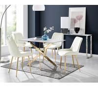 Furniturebox Uk Leonardo White Glass Marble Effect Gold Leg Table & 4 Cream Pesaro Gold Leg Chairs
