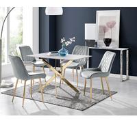 Furniturebox Uk Leonardo White Glass Marble Effect Gold Leg Table & 4 Grey Pesaro Gold Leg Chairs
