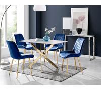 Furniturebox Uk Leonardo White Glass Marble Effect Gold Leg Table & 4 Navy Pesaro Gold Leg Chairs
