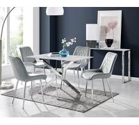 FurnitureboxUK Leonardo White Glass Marble Effect Silver Leg Table & 4 Pesaro Silver Chairs in Grey FurnitureboxUK Grey