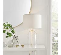 Furniturebox UK Lighting - Nora Clear Glass, Gold & White Shade Table Lamp Light (Including Bulb) - Glass Bell Jar & Gold Metal Lamp Stand - White Fabric Lampshade - Elegant, Modern Lamp.