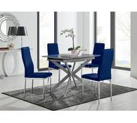 Furniturebox Uk Lira 100Cm Grey Metal Extending Dining Table & 4 Navy Velvet Milan Chairs