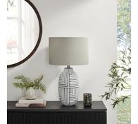 Furniturebox UK Maze Patterned Ceramic Round Table Lamp Grey Black | H65 x W38cm Size, Statement Look, Oat-Beige Fabric Shade, E27 Bulb Included, Adds Interest to Neutral Spaces