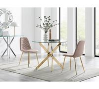 FurnitureboxUK Novara 100cm Round Gold Leg Dining Table & 2 Corona Gold Chairs in Beige FurnitureboxUK Beige