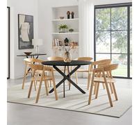 Furniturebox Uk Novara 120Cm Black Top Round Dining Table & 6 Oak Masa Chairs