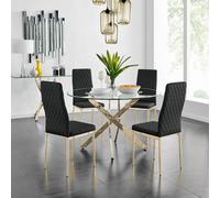 Furniturebox Uk Novara 120Cm Gold Round Dining Table And 4 Black Gold Leg Milan Chairs