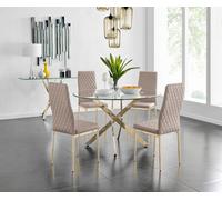 Novara Gold Round Dining Table With Four Gold Leg Milan Chairs - Cappuccino