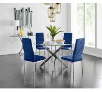 Furniturebox Uk Novara 120Cm Round Dining Table And 4 Navy Velvet Milan Chairs