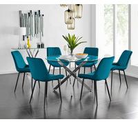Furniturebox Uk Novara 120Cm Round Dining Table And 6 Blue Pesaro Black Leg Chairs