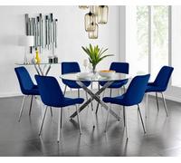 Furniturebox Uk Novara 120Cm Round Dining Table And 6 Navy Pesaro Silver Leg Chairs