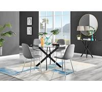 Furniturebox Uk Novara Black Leg 120Cm Round Glass Dining Table & 4 Grey Corona Silver Chairs