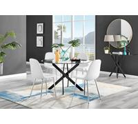 Furniturebox Uk Novara Black Leg 120Cm Round Glass Dining Table & 4 White Corona Silver Chairs