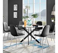 Furniturebox Uk Novara Black Leg 120Cm Round Glass Dining Table & 6 Black Corona Silver Chairs