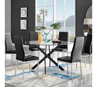 Furniturebox Uk Novara Black Leg 120Cm Round Glass Dining Table & 6 Black Milan Chrome Leg Chairs