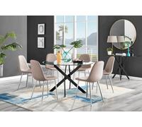 Furniturebox Uk Novara Black Leg 120Cm Round Glass Dining Table & 6 Cappuccino Corona Silver Chairs