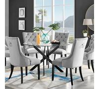 Furniturebox Uk Novara Black Leg 120Cm Round Glass Dining Table & 6 Grey Belgravia Black Leg Chairs