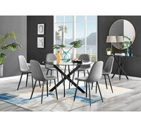 Furniturebox Uk Novara Black Leg 120Cm Round Glass Dining Table & 6 Grey Corona Black Leg Chairs