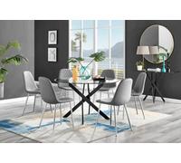 Furniturebox Uk Novara Black Leg 120Cm Round Glass Dining Table & 6 Grey Corona Silver Chairs