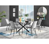 Furniturebox Uk Novara Black Leg 120Cm Round Glass Dining Table & 6 Grey Pesaro Black Leg Chairs
