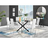 Novara Black Leg Round Glass Dining Table Milan Chrome Leg Chairs - White / Dining Table and 6 Chairs