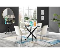 Furniturebox Uk Novara Black Leg Round Glass Dining Table & 4 Cream Pesaro Silver Leg Chairs