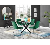 Furniturebox Uk Novara Black Leg Round Glass Dining Table & 4 Green Pesaro Silver Chairs