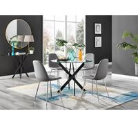 Furniturebox Uk Novara Black Leg Round Glass Dining Table & 4 Grey Corona Silver Chairs