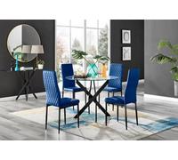 Furniturebox Uk Novara Black Leg Round Glass Dining Table & 4 Navy Velvet Milan Black Leg Chairs