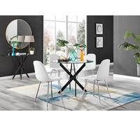 Furniturebox Uk Novara Black Leg Round Glass Dining Table & 4 White Corona Silver Chairs
