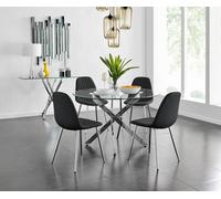 Furniturebox Uk Novara Chrome Metal And Glass Large Round Dining Table And 4 Black Corona Silver Chairs Set