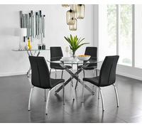 Furniturebox Uk Novara Chrome Metal And Glass Large Round Dining Table And 4 Black Isco Chairs Set