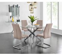Furniturebox Uk Novara Chrome Metal And Glass Large Round Dining Table And 4 Cappuccino Beige Lorenzo Chairs Set