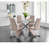 Novara Chrome Metal Glass Large Round Dining Table 4 Willow Chairs Set - Cappuccino