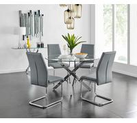 Furniturebox Uk Novara Chrome Metal And Glass Large Round Dining Table And 4 Elephant Grey Lorenzo Chairs Set